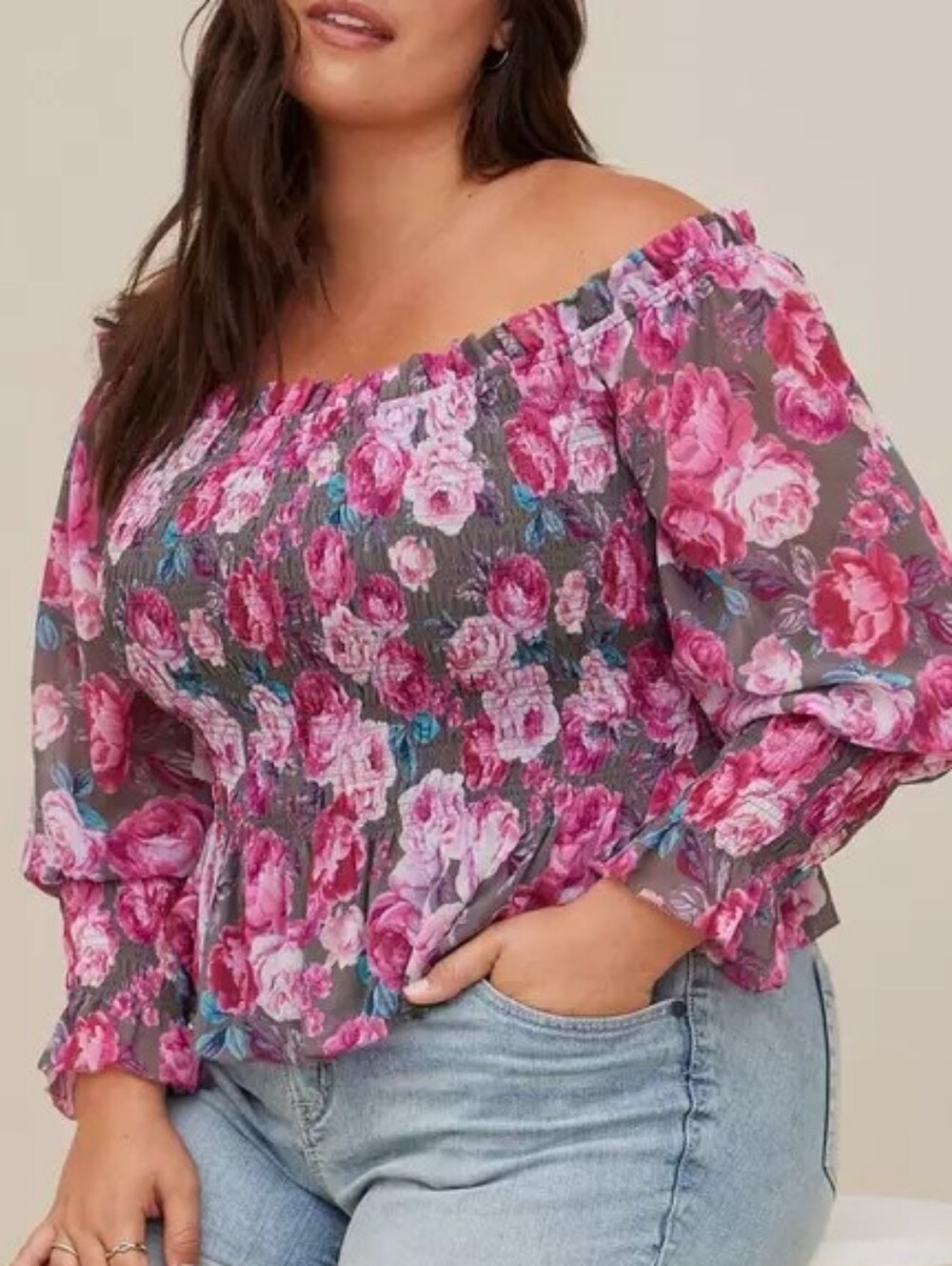 1X •  Torrid •  Crinkle Chiffon Pink & Gray Floral Off-Shoulder Smocked Blouse